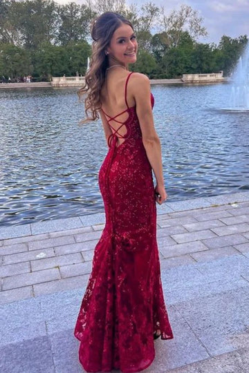 Mermaid Spaghetti Straps Burgundy Backless Prom Dresses Long Party Dress SD2270 HZ0628